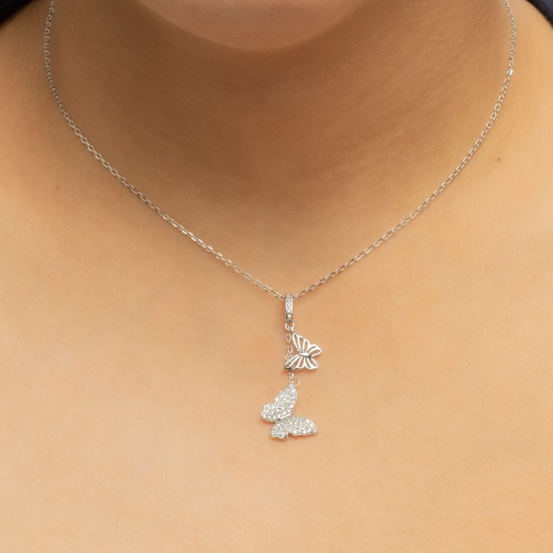 Duo butterfly silver necklace made of 925 sterling silver with zircon sparkle and elegant feminine design