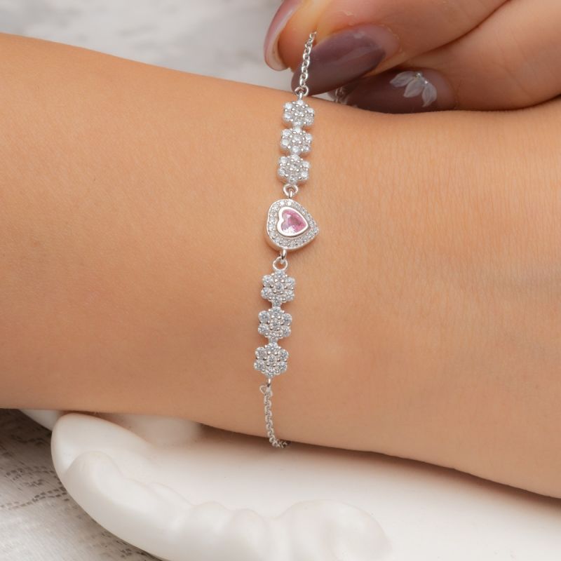 Elegant Pink Heart Silver Bracelet