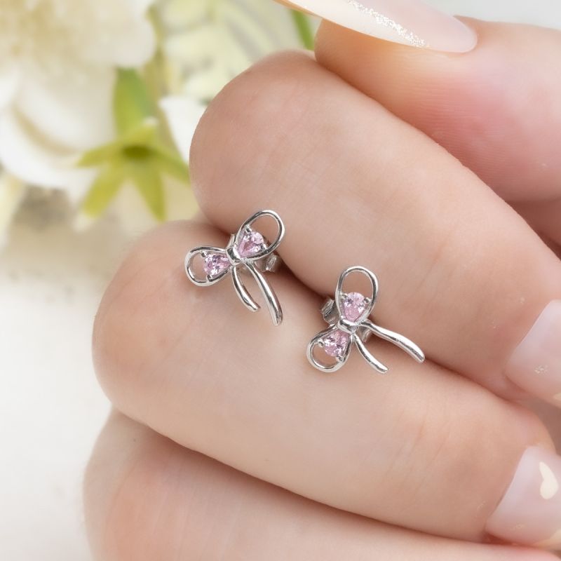 Pink Bow Spark Silver Earring