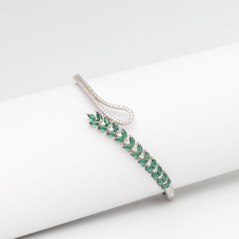 Emerald Olive Branch Silver Bangle
