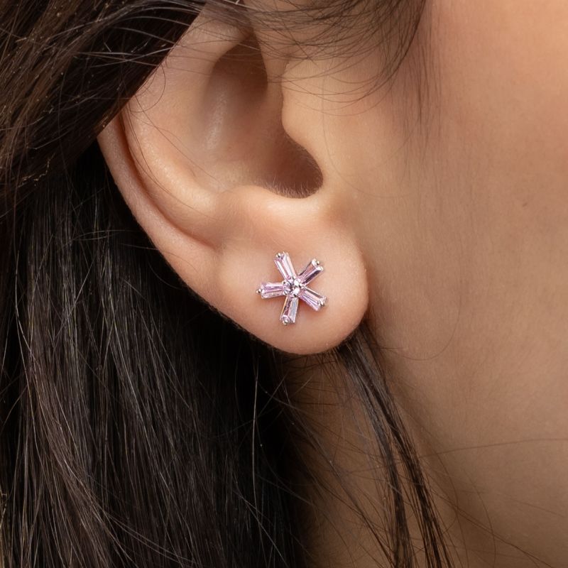 Flower Pink Baguette Silver Earring
