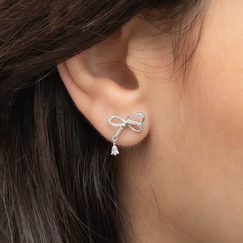 Bow Drop Stone Silver Earring