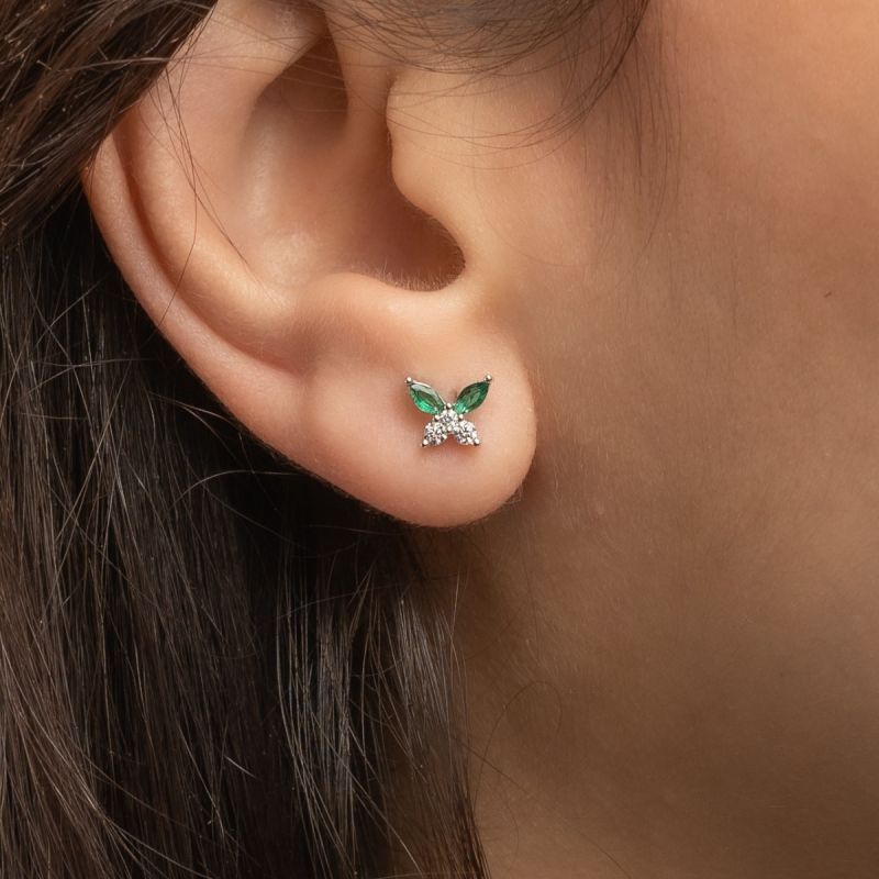 Green & White Butterfly Silver Earring