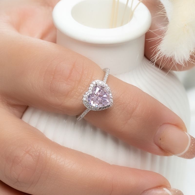 Shiny Pink Heart Silver Ring