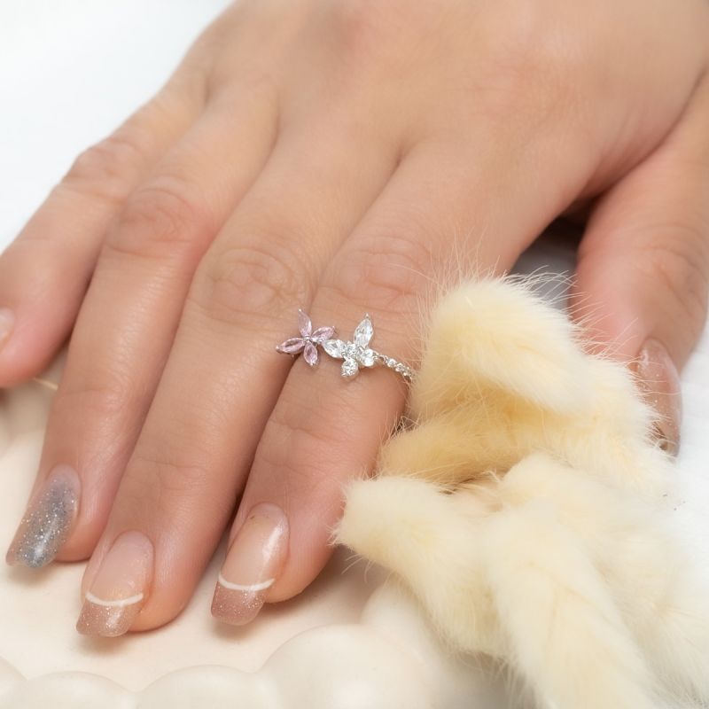 Deicate Butterfly & Pink Flower Silver Ring-SIZE 6