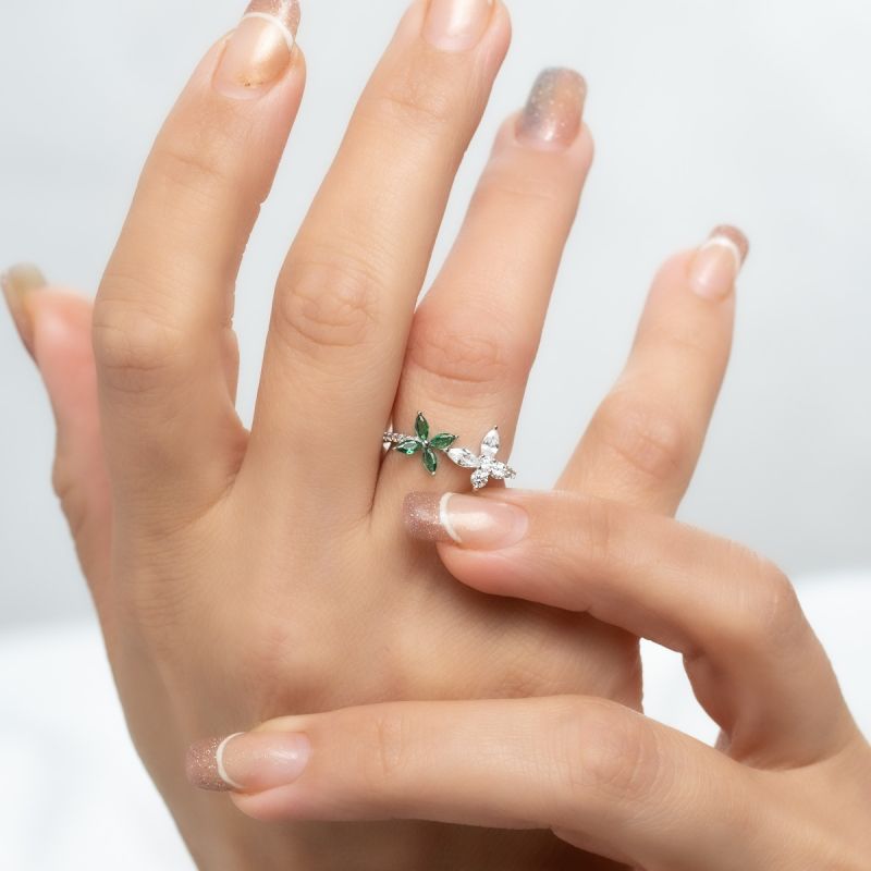 Delicate Butterfly & Green Flower Silver Ring