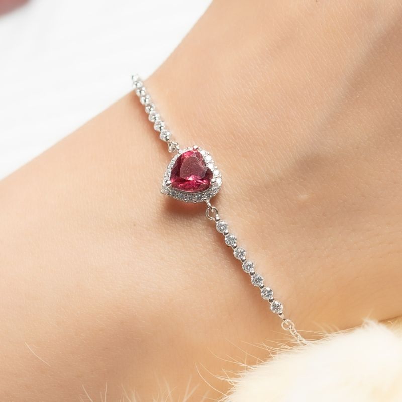Scarlet Ruby Heart Silver Bracelet