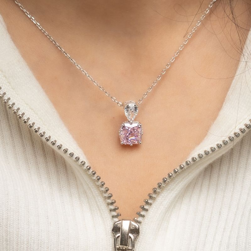 Pink Ice Cut Stone Silver Necklace