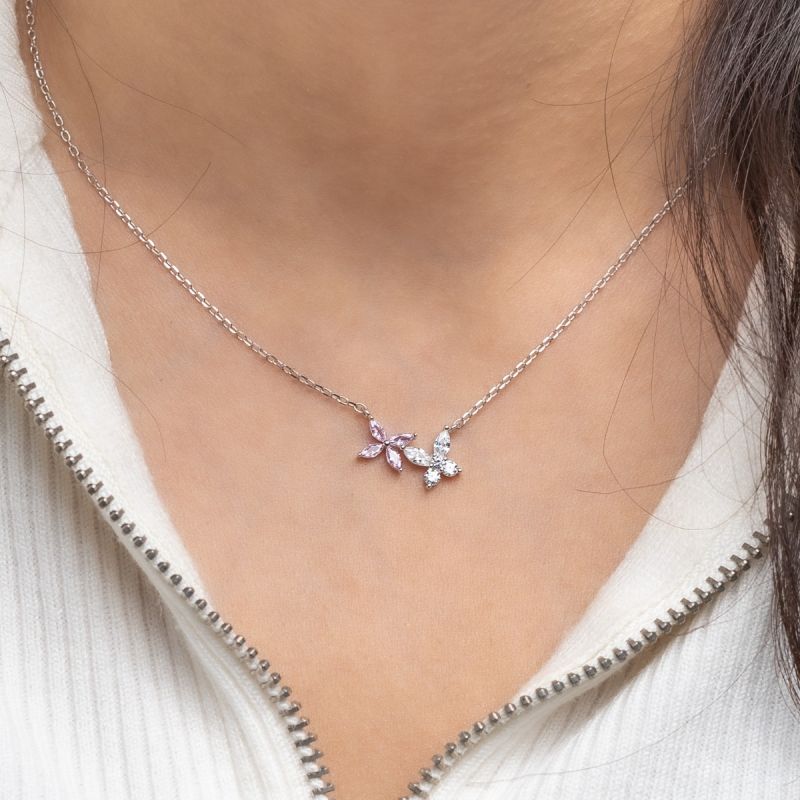 Butterfly & Pink Flower Silver Necklace