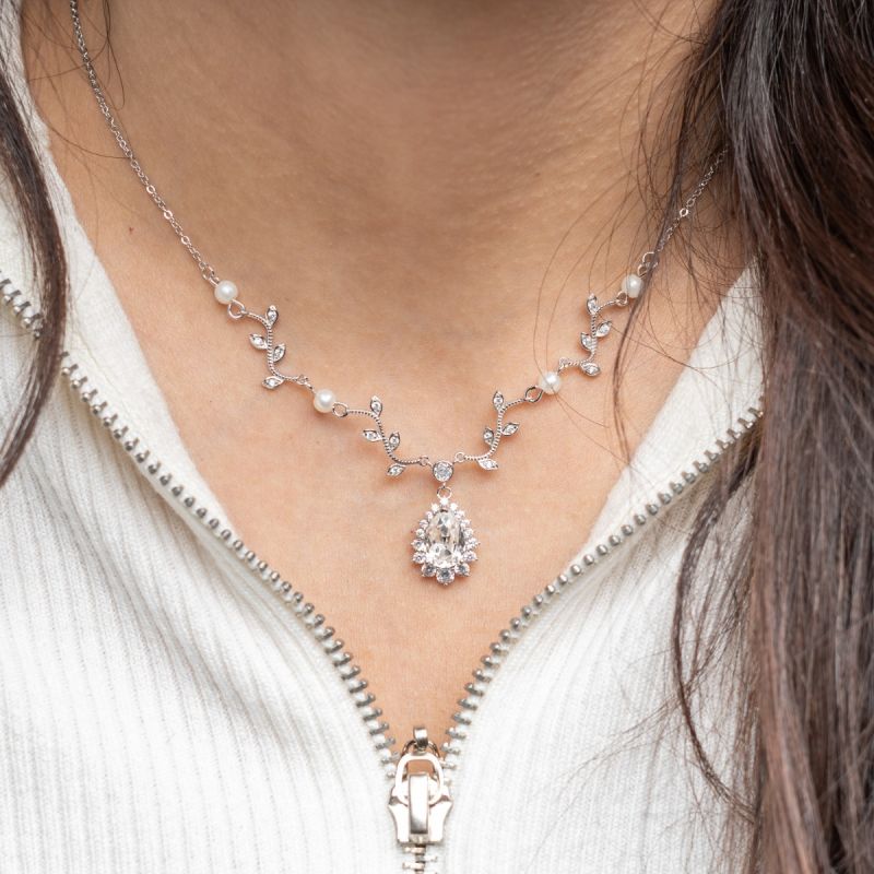 Royal Pearl & Crystal Swarovski Stone Silver Necklace