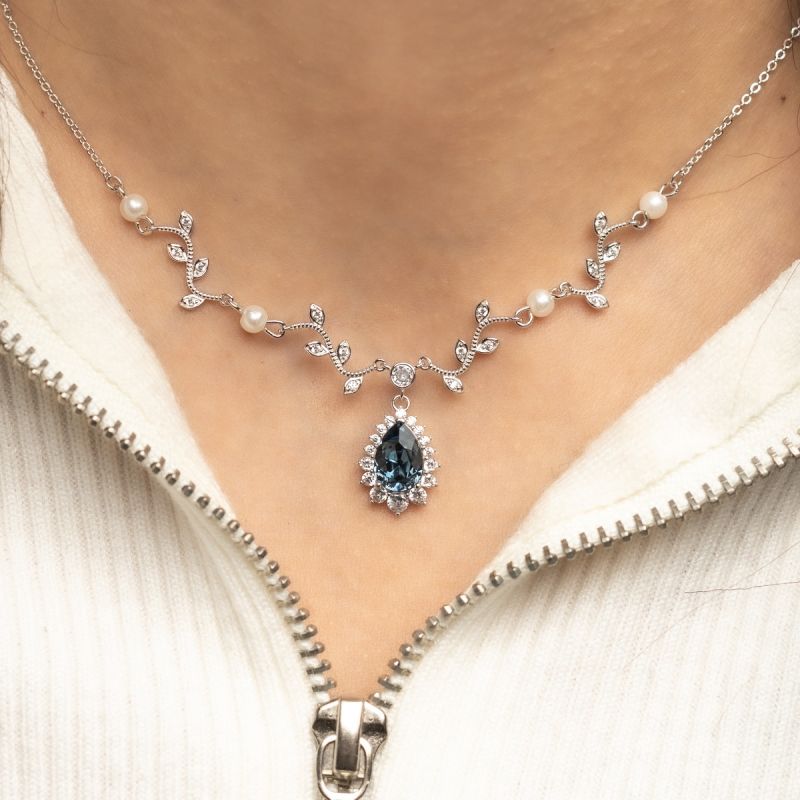 Royal Pearl & Sapphire Swarovski Stone Silver Necklace