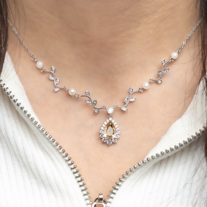 Royal Pearl & Topaz Swarovski Stone Silver Necklace