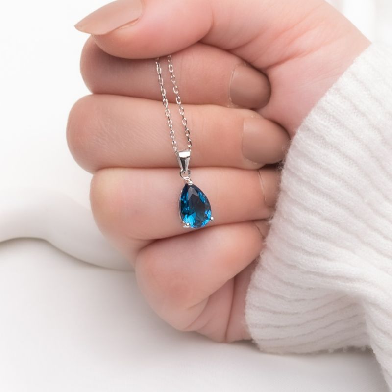 Blue Pear Sapphire Stone Silver Necklace