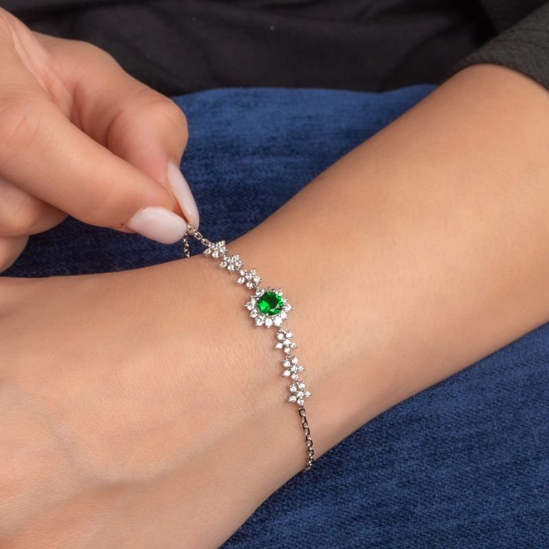 Beautiful Flower Silver Bracelet-Green