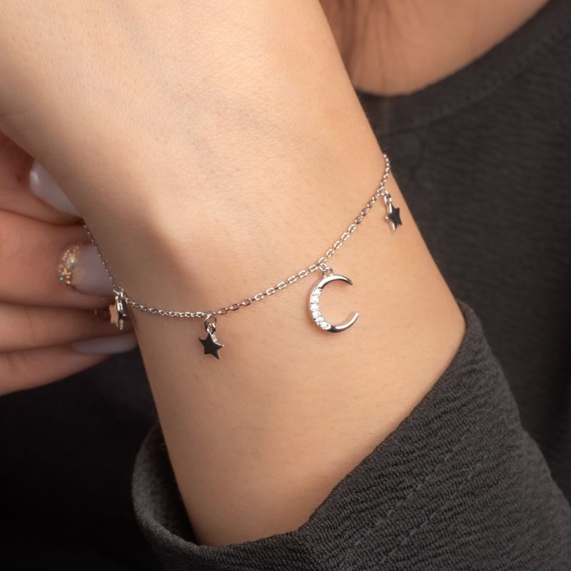 Crescent Moon Stars Silver Bracelet