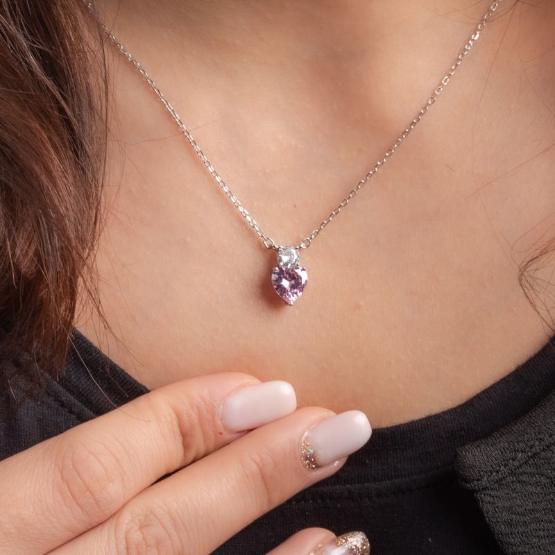 Shiny Heart Silver Necklace-Pink