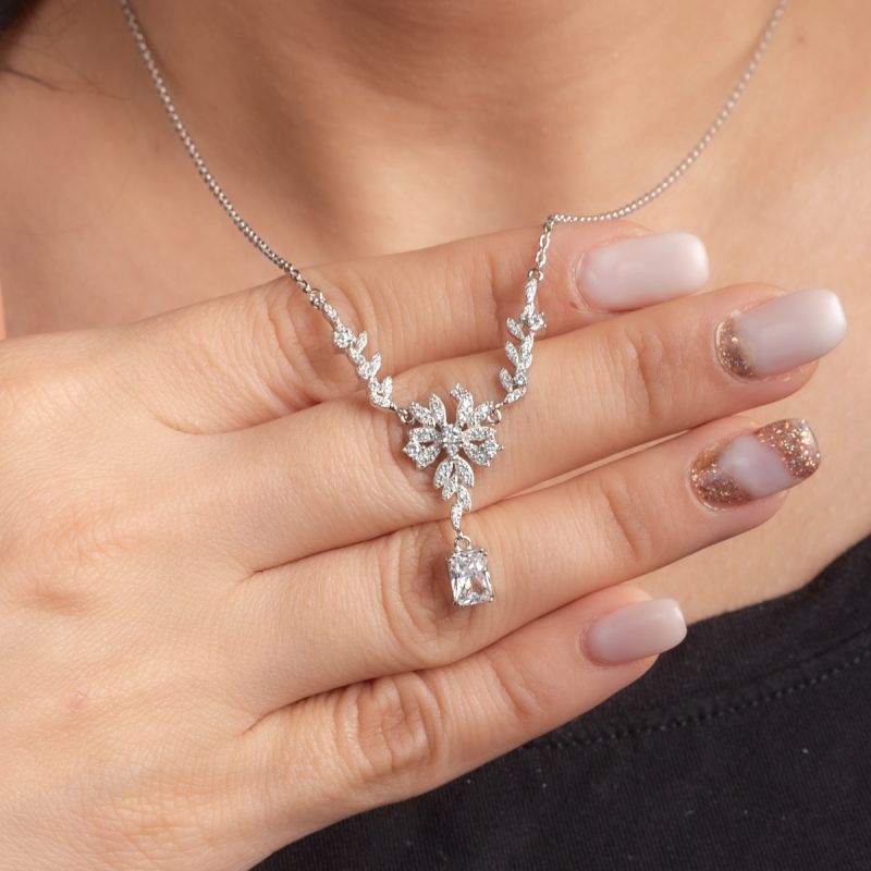 Dropping Radiant Stoned Silver Necklace