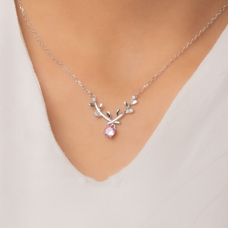 Shining Branch Silver Necklace-Pink