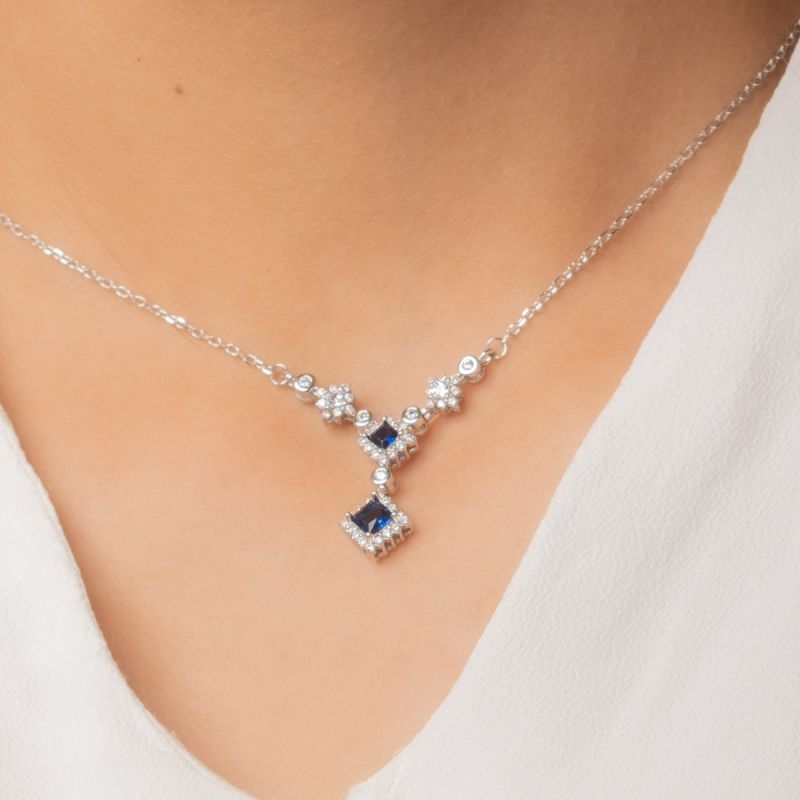 Blue Square Charm Silver Necklace