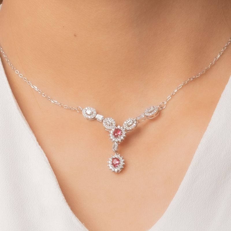 Shiny Elegance Drop Silver Necklace-Red