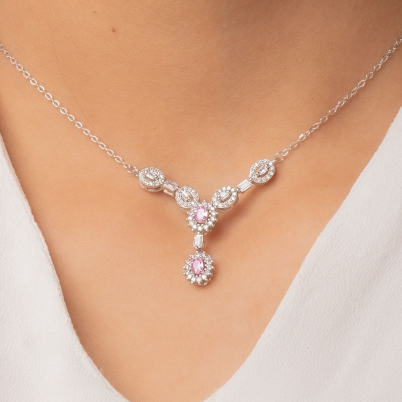 Shiny Elegance Drop Silver Necklace-Pink