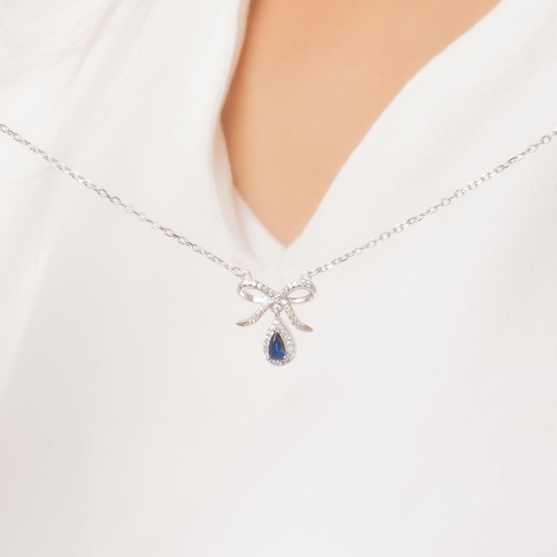 Shiny Bow Drop Silver Necklace-Blue