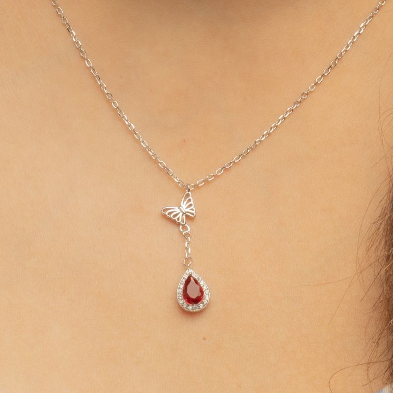 Butterfly Drop Silver Necklace-Red