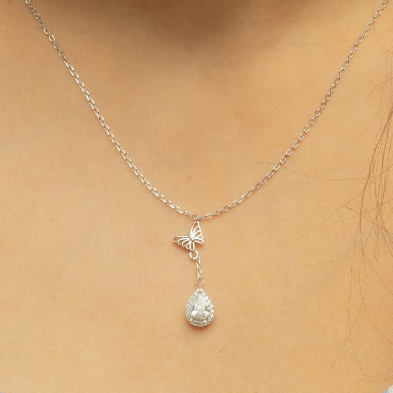 Butterfly Drop Silver Necklace-White