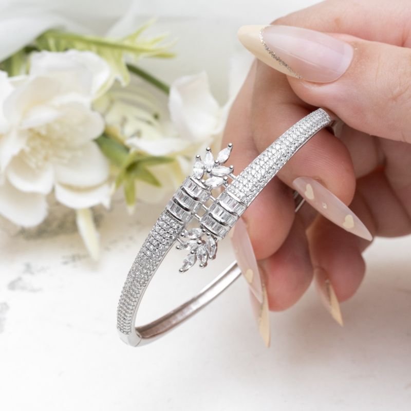 Floral Radiance Marquise Silver Bangle