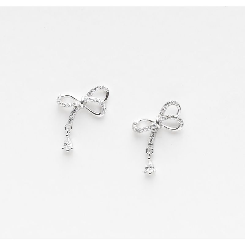 Bow Drop Stone Silver Earring