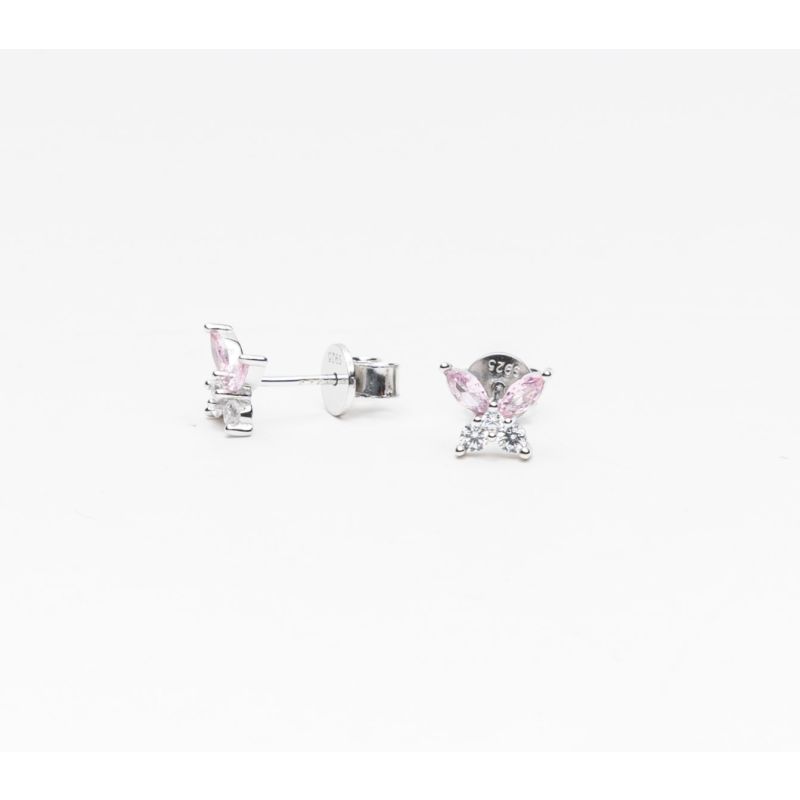 White & Pink Butterfly Silver Earring
