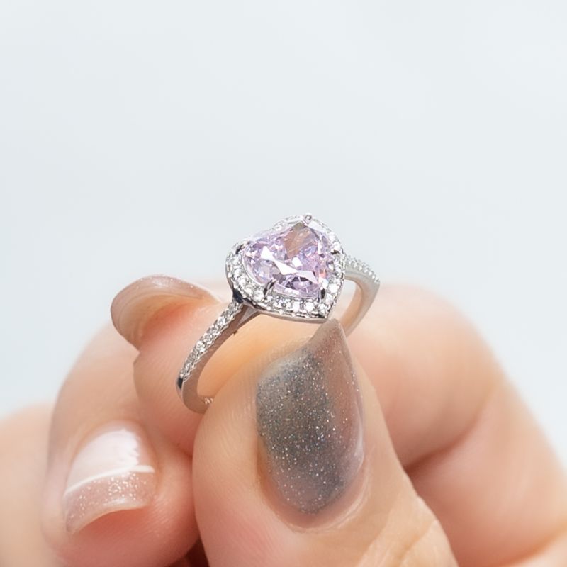 Shiny Pink Heart Silver Ring