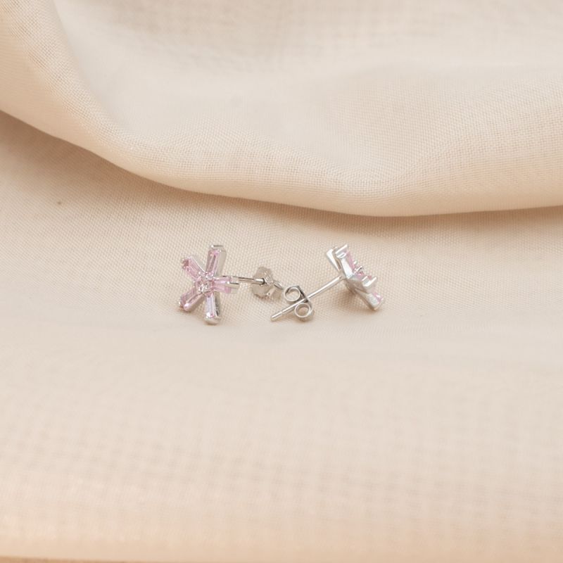 Flower Pink Baguette Silver Earring