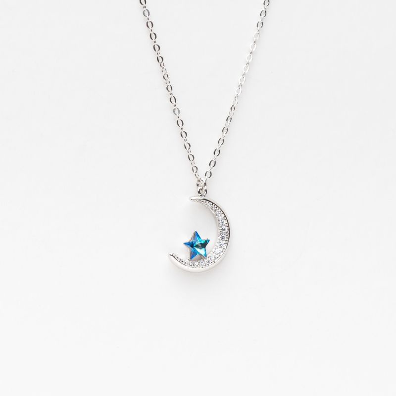 Crescent Moon & Star Swarovski Silver Necklace
