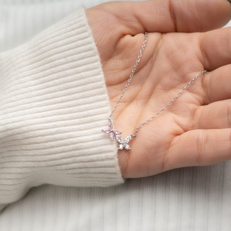 Butterfly & Pink Flower Silver Necklace