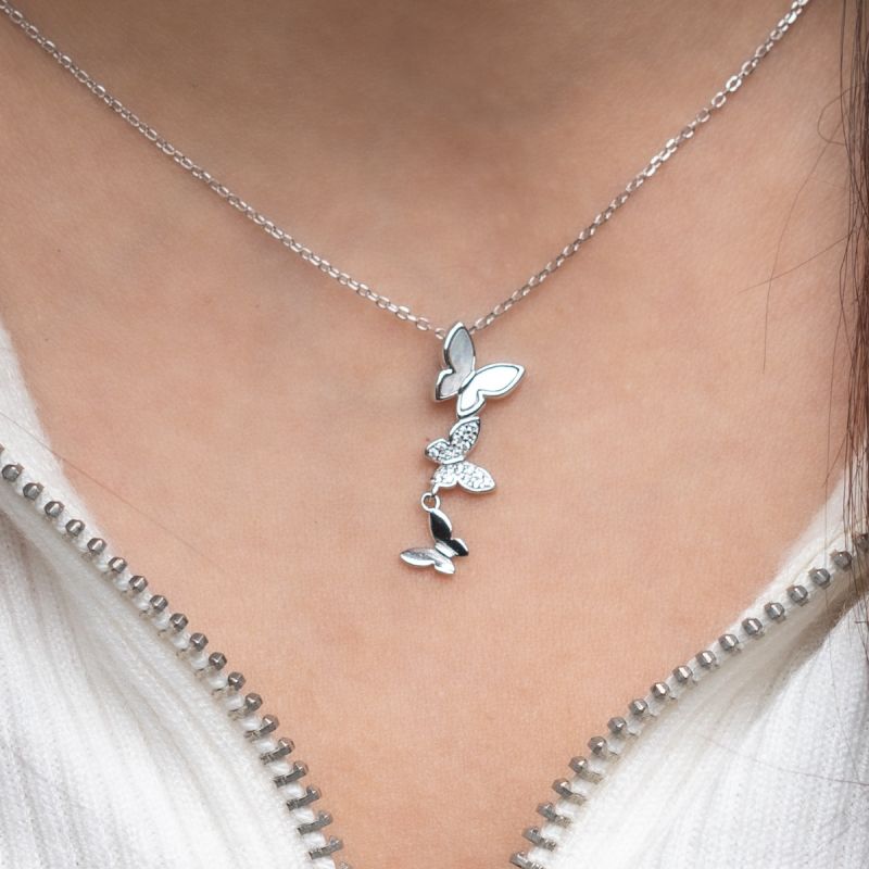 Opal Butterflies Silver Necklace