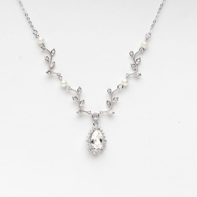 Royal Pearl & Crystal Swarovski Stone Silver Necklace