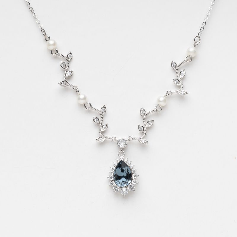 Royal Pearl & Sapphire Swarovski Stone Silver Necklace