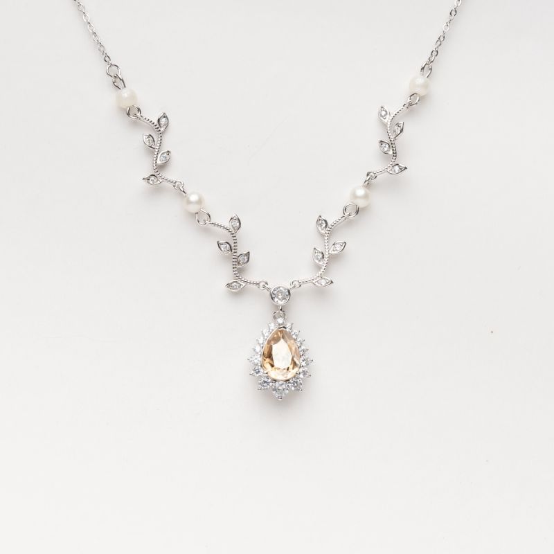 Royal Pearl & Topaz Swarovski Stone Silver Necklace