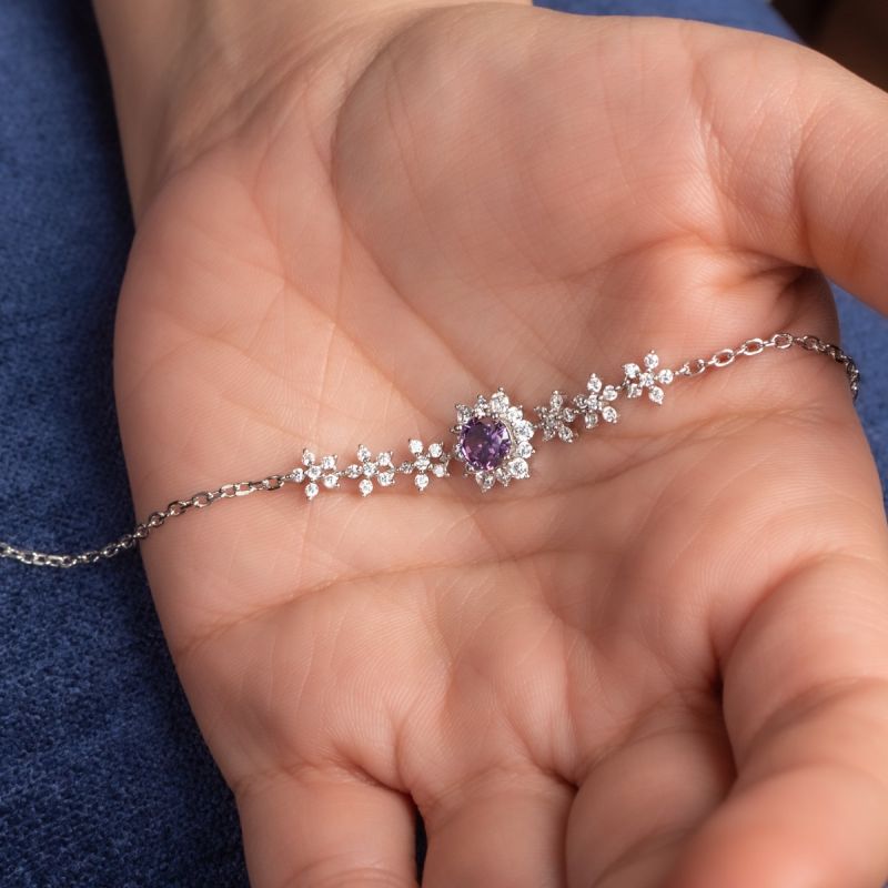 Beautiful Flower Silver Bracelets-Purple