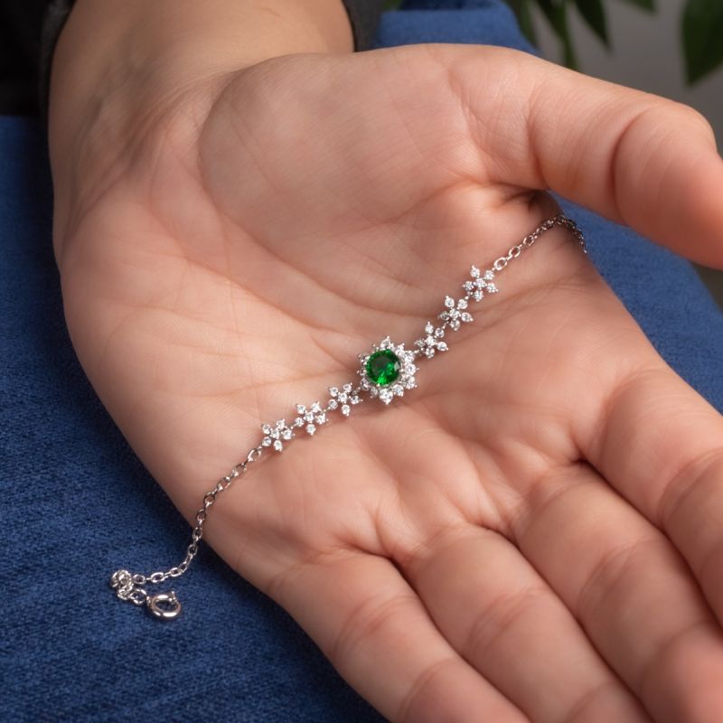 Beautiful Flower Silver Bracelet-Green