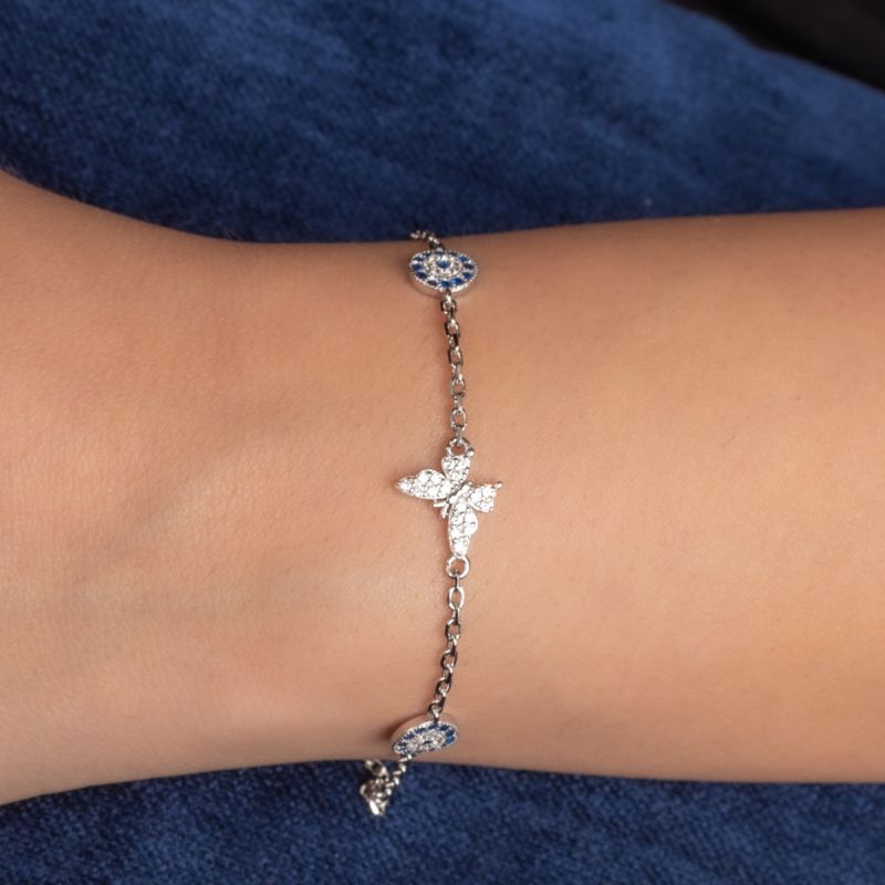 Silver Butterfly & Evil Eye Bracelet