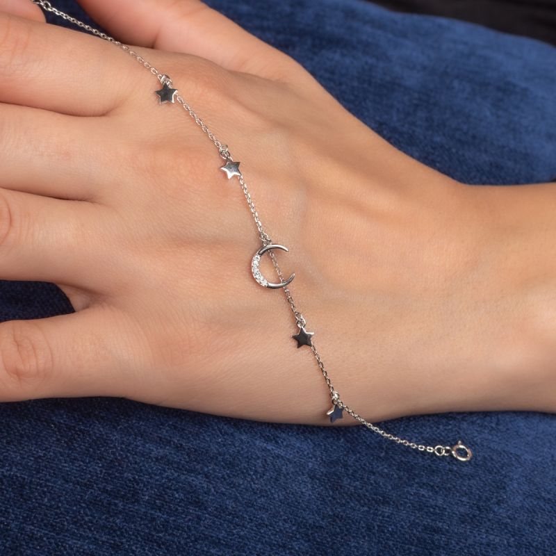 Crescent Moon Stars Silver Bracelet