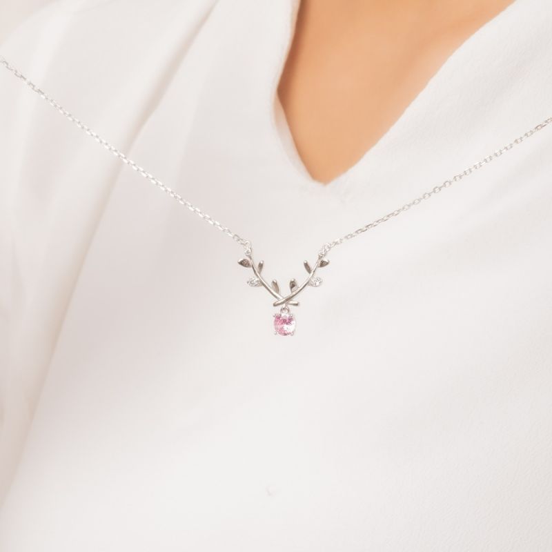 Shining Branch Silver Necklace-Pink