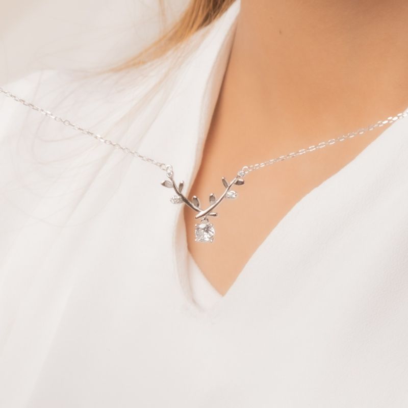 Shining Branch Silver Necklace-White