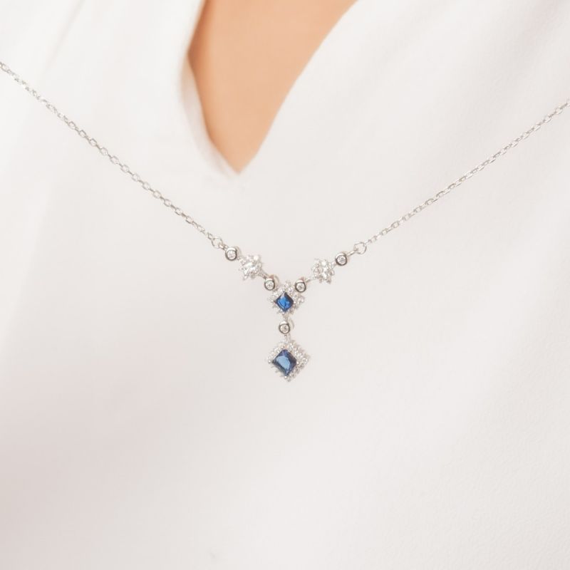 Blue Square Charm Silver Necklace