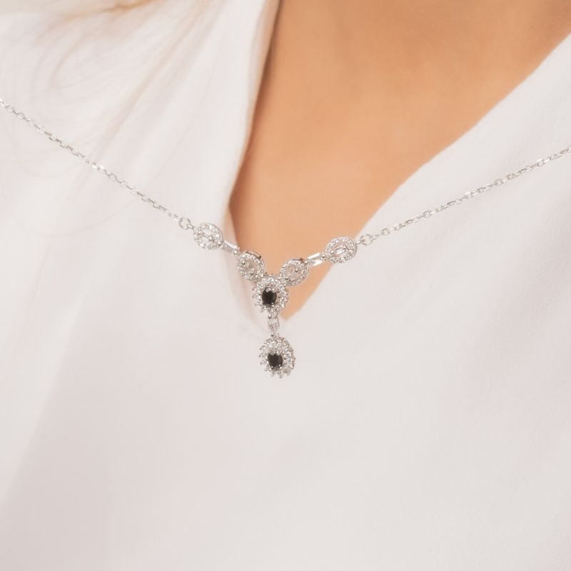 Shiny Elegance Drop Silver Necklace-Black