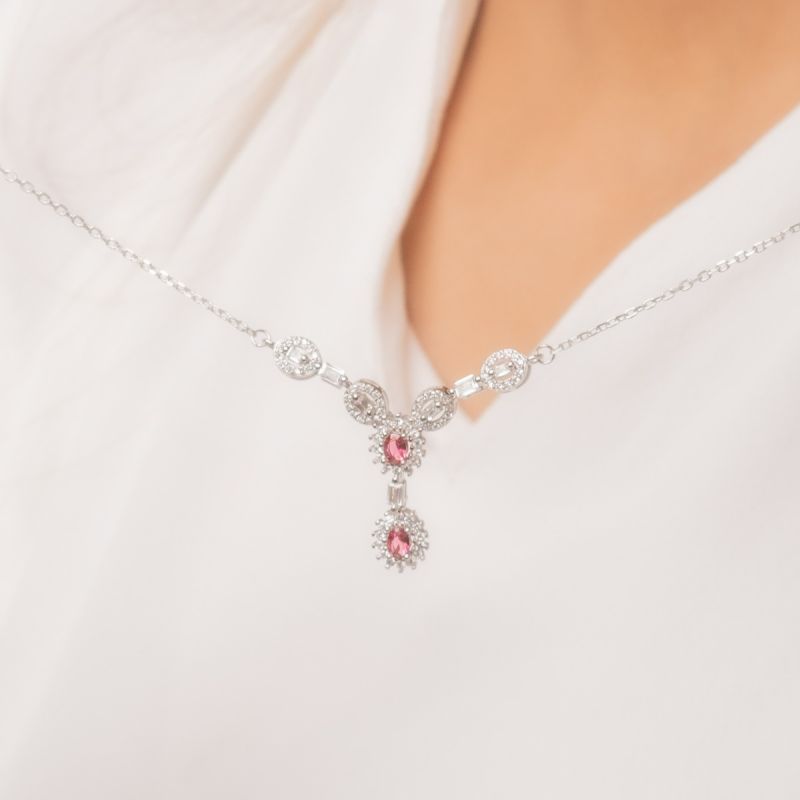 Shiny Elegance Drop Silver Necklace-Red