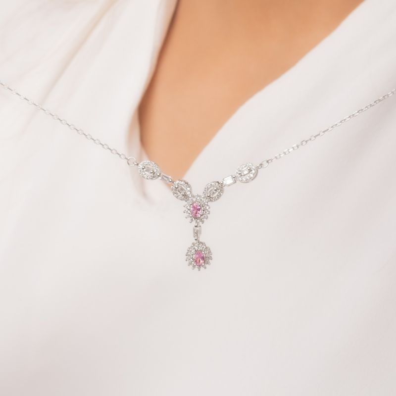 Shiny Elegance Drop Silver Necklace-Pink