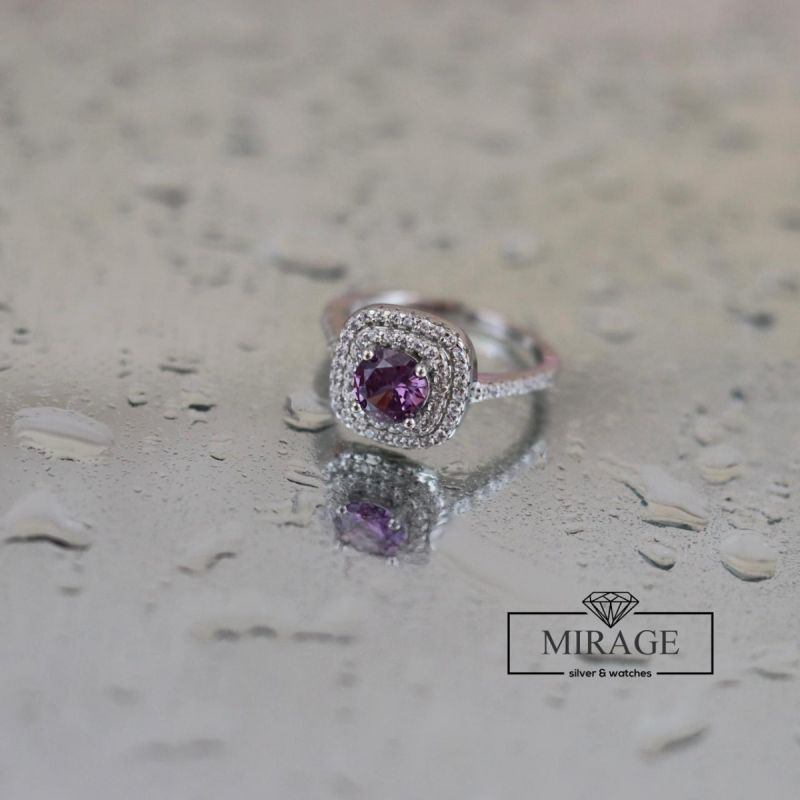 Round Amethyst Stone Silver Ring